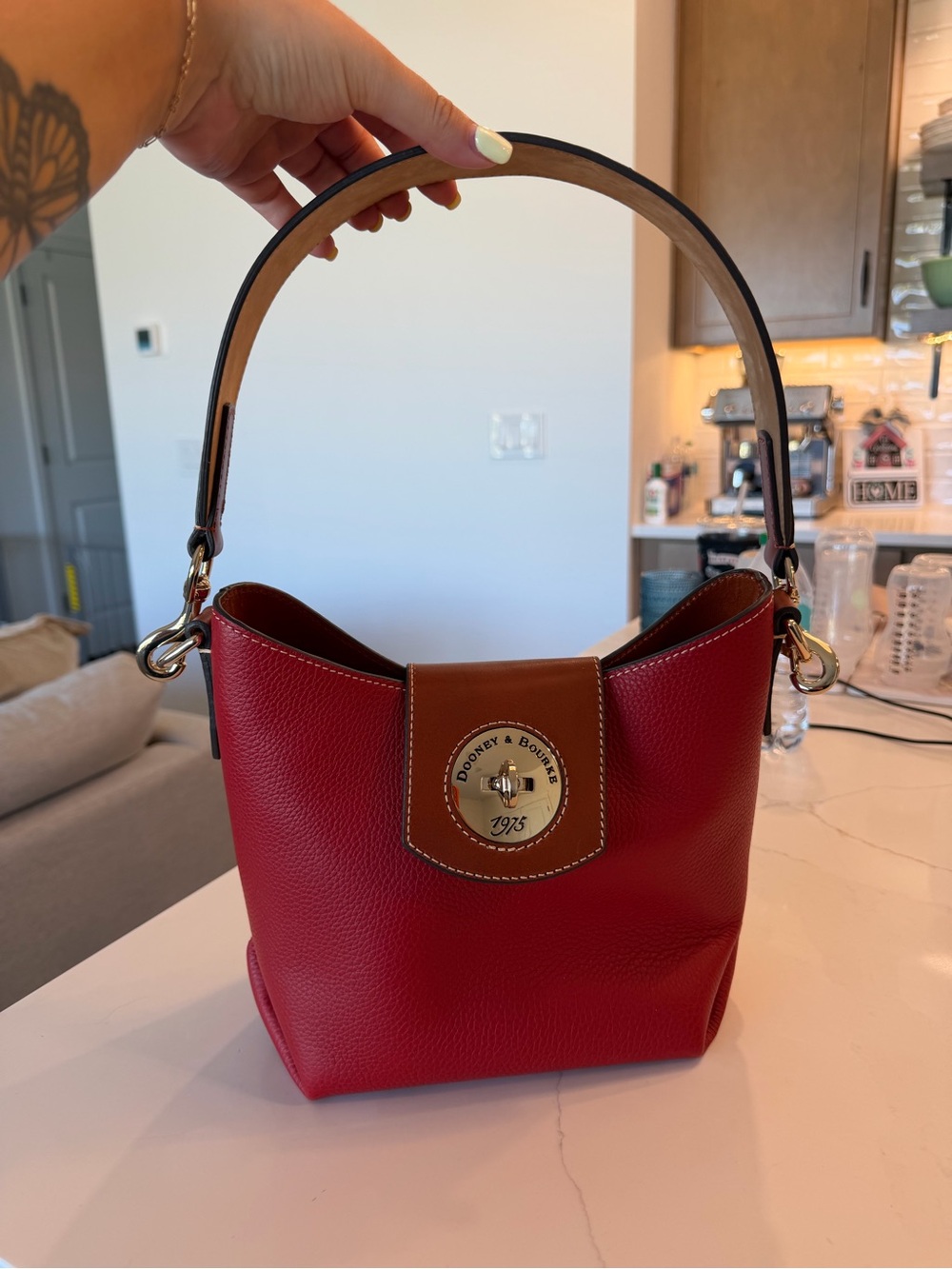 Dooney & Bourke Red Pebble Leather Shoulder Bag with Brown Trim - Picture 2 of 10